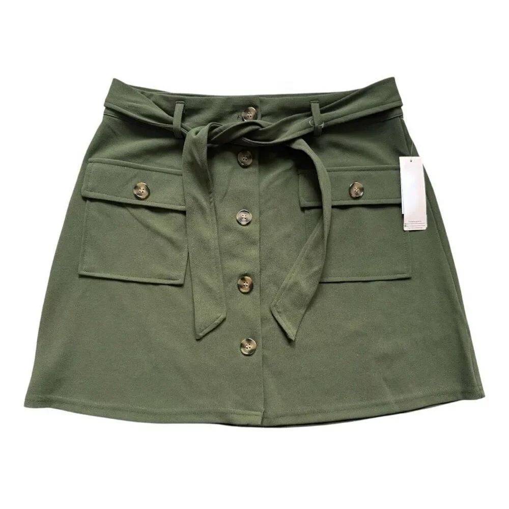NWT Womens Inspired Hearts Olive Button Detail Tie Waist Paperbag Skirt - Sz L